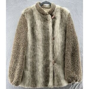 VTG DEsprit Jacket Womens Sz L Faux Fur Faux Leather Fleece Toggle Buttons Beige